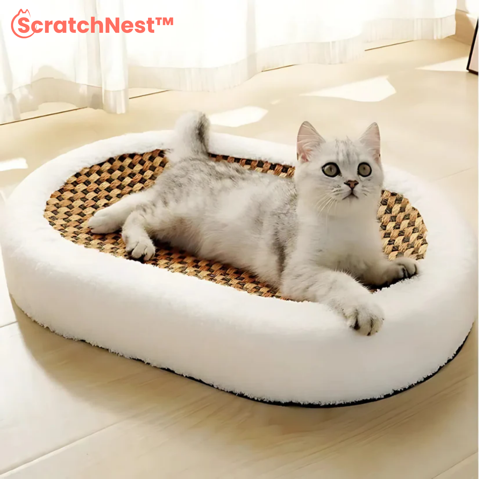 ScratchNest™ Plüsch Katzenkorb mit Kratzfläche