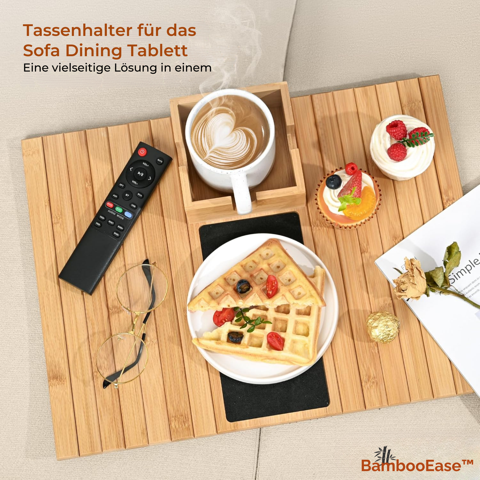 BamBooEase™ Sofa Armlehnen Tablett mit Becherhalter
