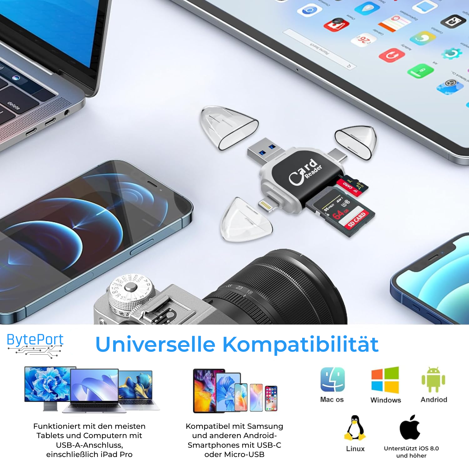 BytePort 4-in-1 SD-Kartenleser – USB-C & USB 3.0