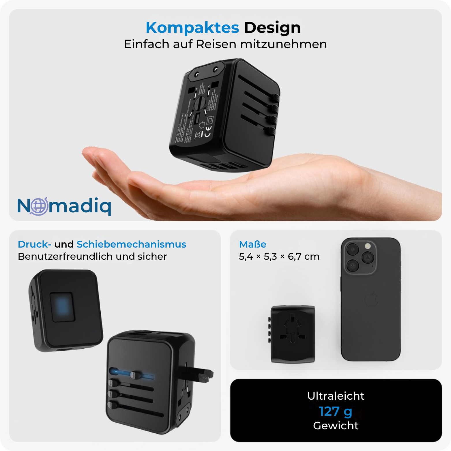 Nomadiq Weltadapter mit USB & Schnellladefunktion