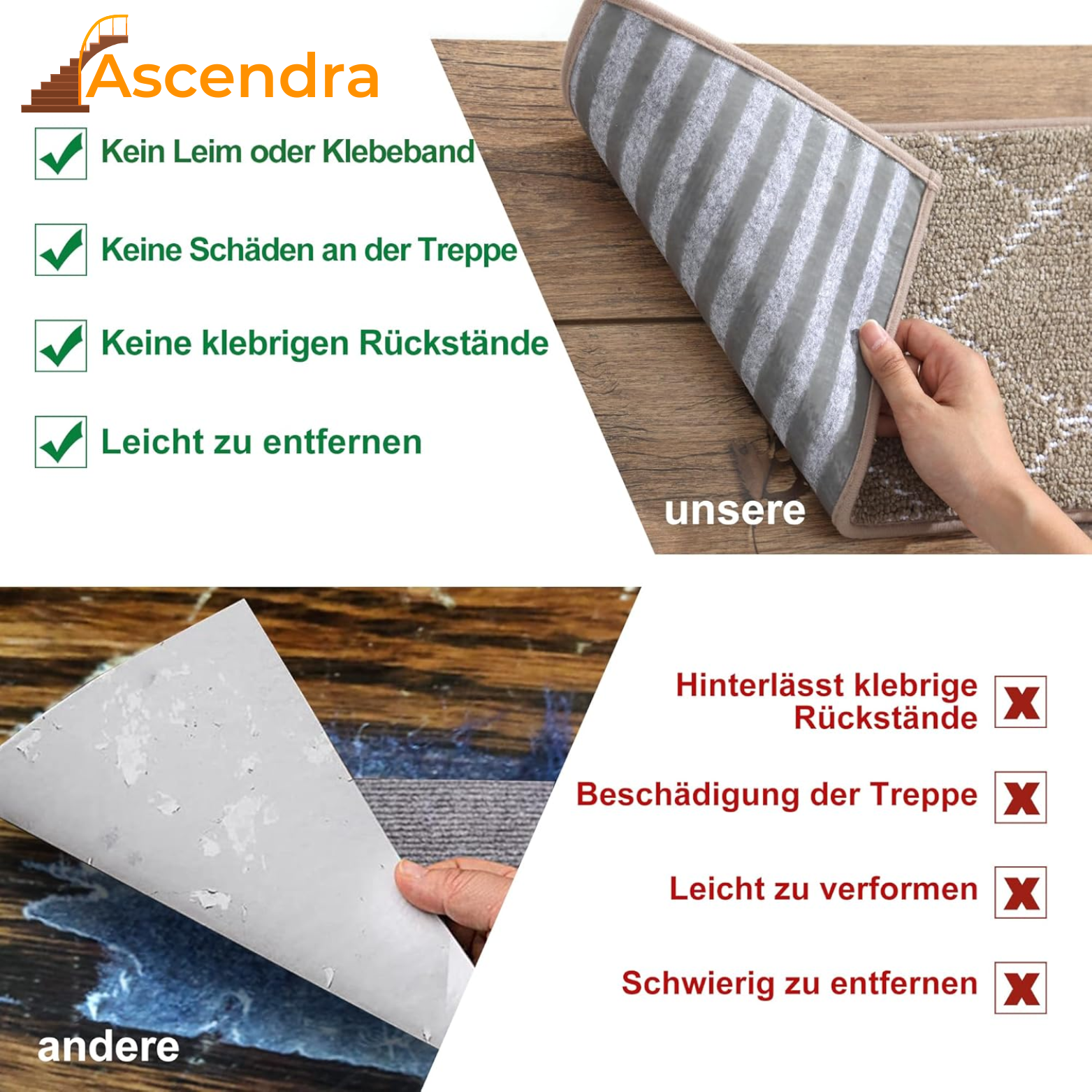 Ascendra Treppenstufenmatten 4 Stück – Selbstklebend & Rutschfest
