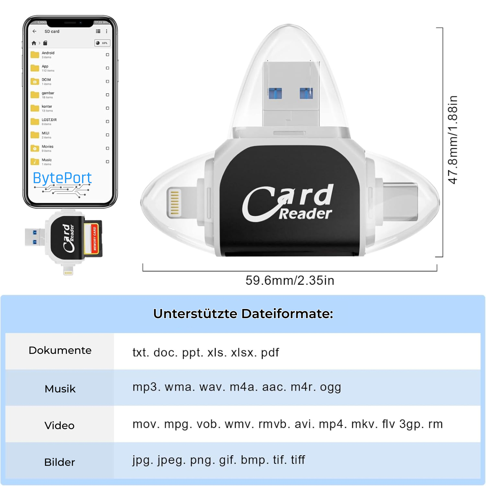 BytePort 4-in-1 SD-Kartenleser – USB-C & USB 3.0