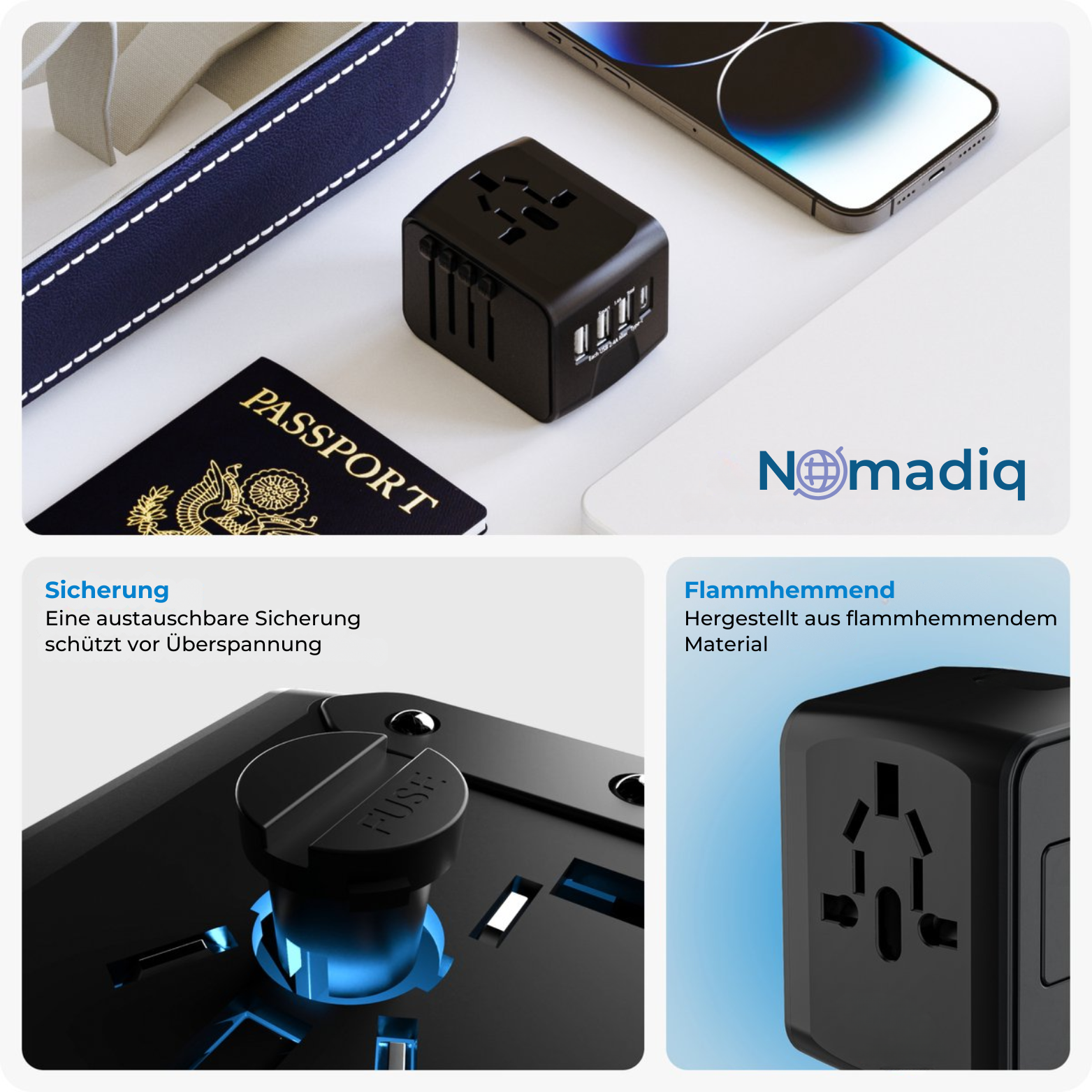 Nomadiq Weltadapter mit USB & Schnellladefunktion