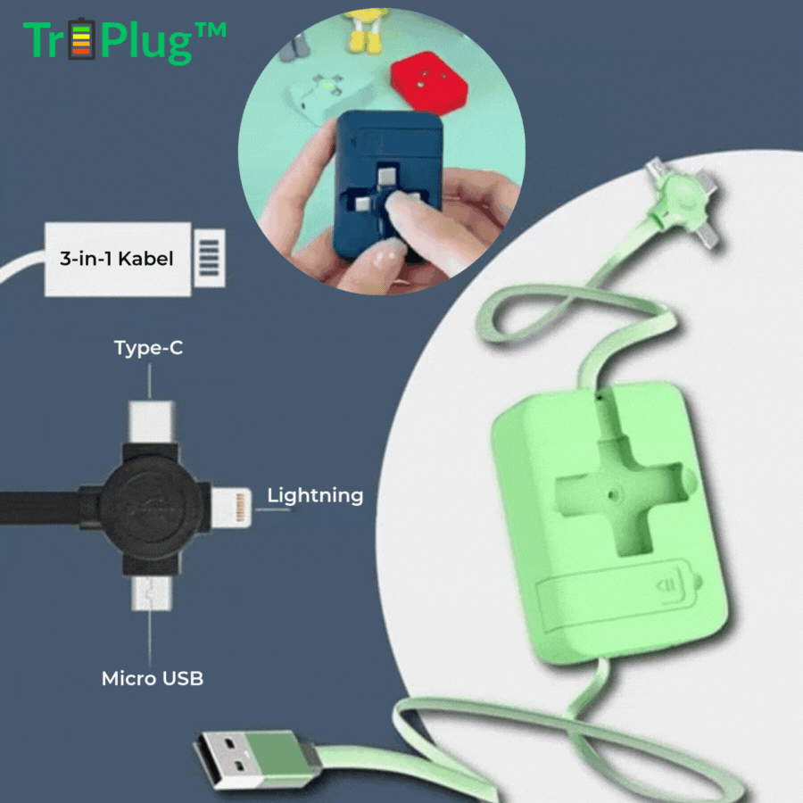 TriPlug™ 3-in-1 Ladekabel – USB-C, Micro USB & Lightning